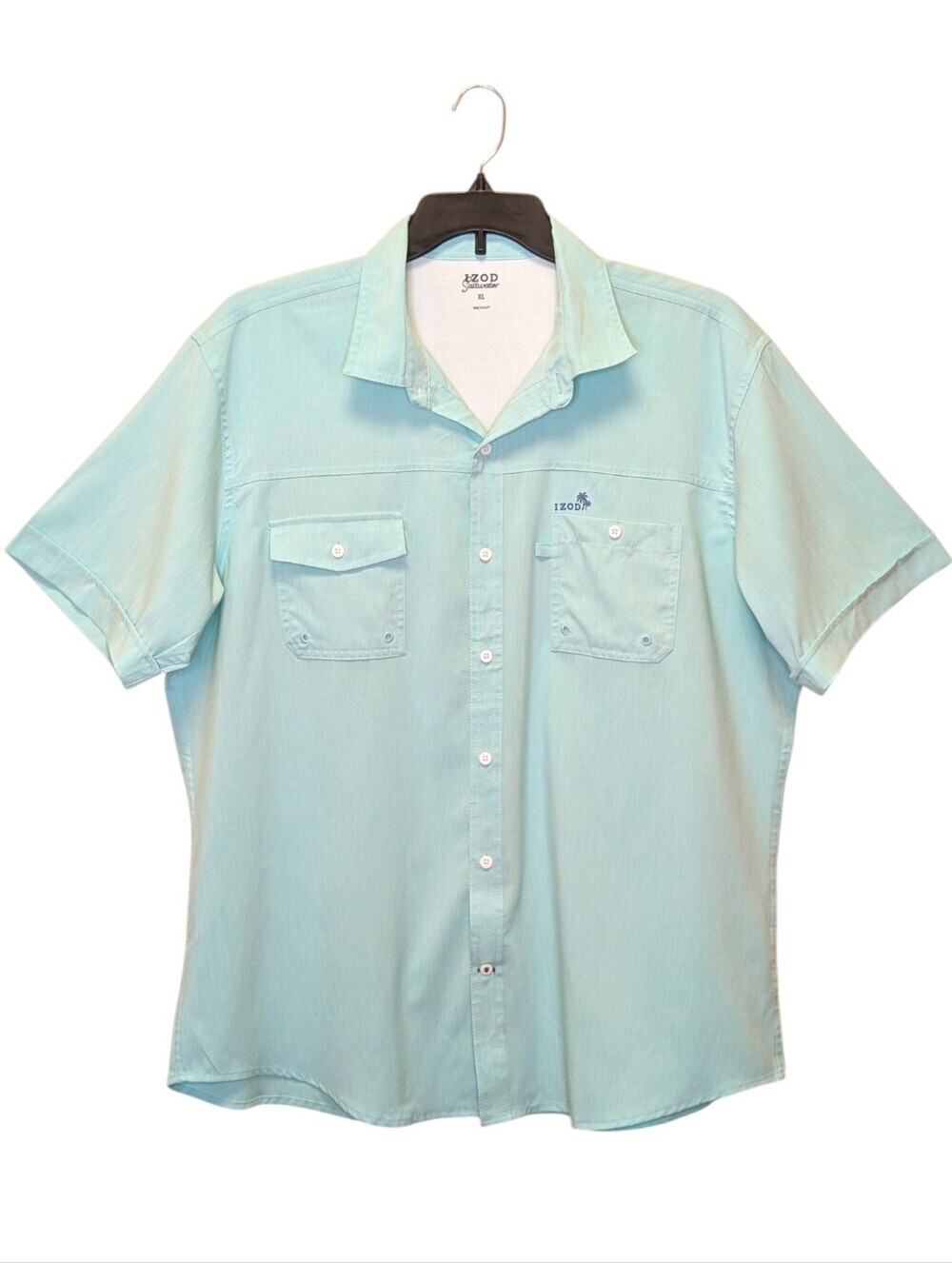 Izod Men’s Sunshield Short-Sleeve Button-Down Shirt in Aqua Coastal Casual XL